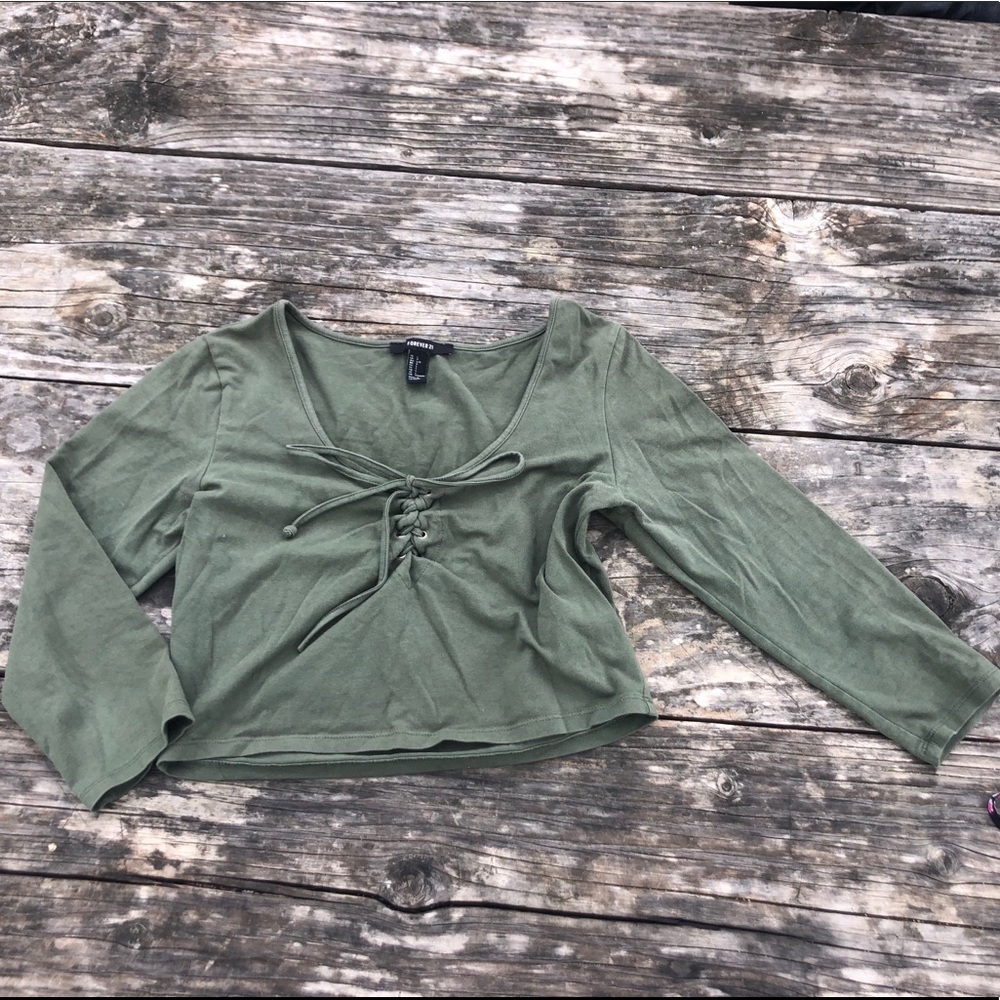 forever 21 mid sleeve olive green crop top